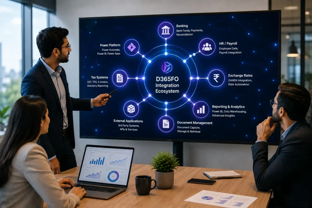 D365FO integration ecosystem connecting Dynamics 365 Finance and Operations with business systems